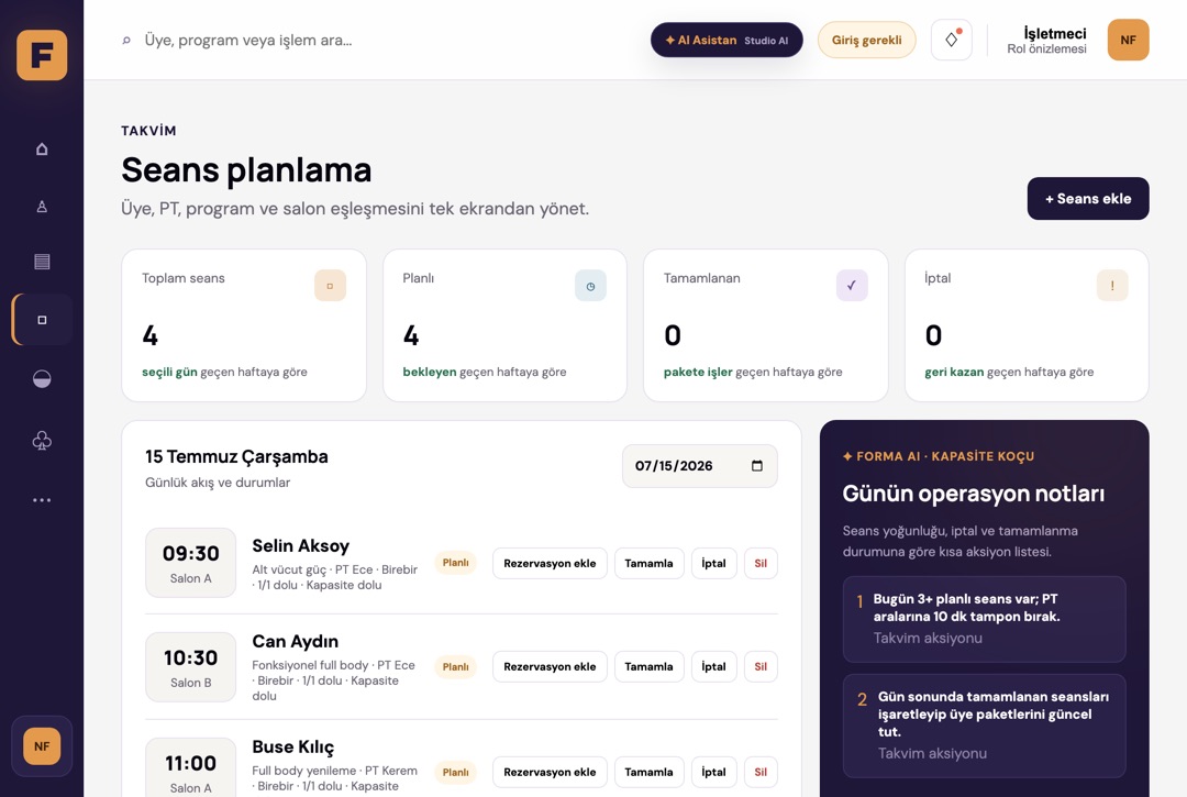 Seans planlama ekranı: günlük seans akışı, salon eşleşmesi ve AI operasyon notları