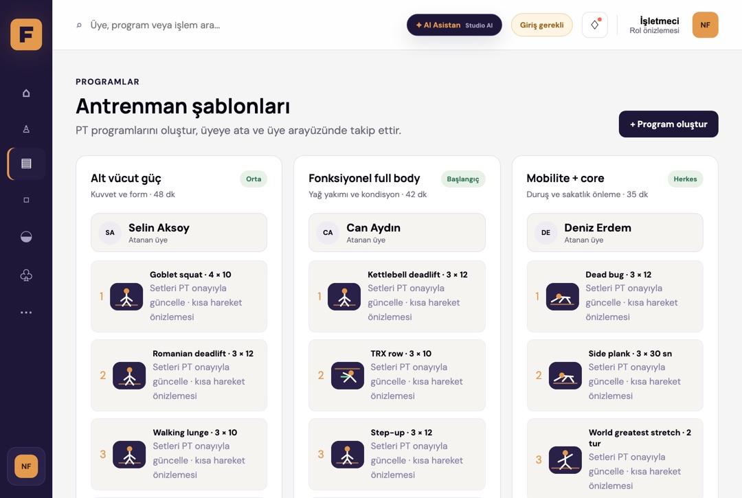Antrenman şablonları ekranı: hareket listeli, üyeye atanmış program kartları