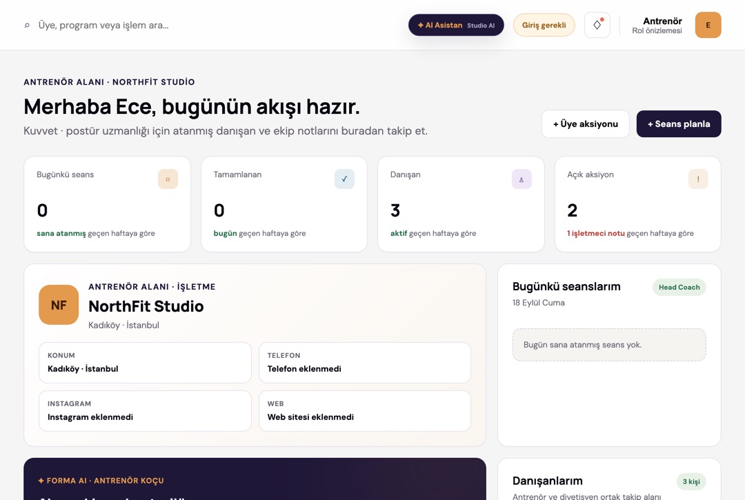 Antrenör paneli ekranı: günün seansları, danışan listesi ve açık aksiyonlar